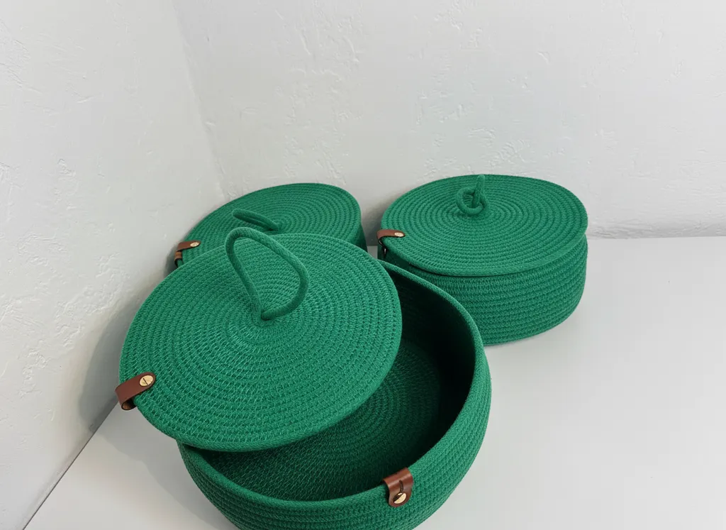 El Yapımı Yeşil Pamuk İp Kapaklı Sepet Seti - 3'lü Düzenleyici Sepet