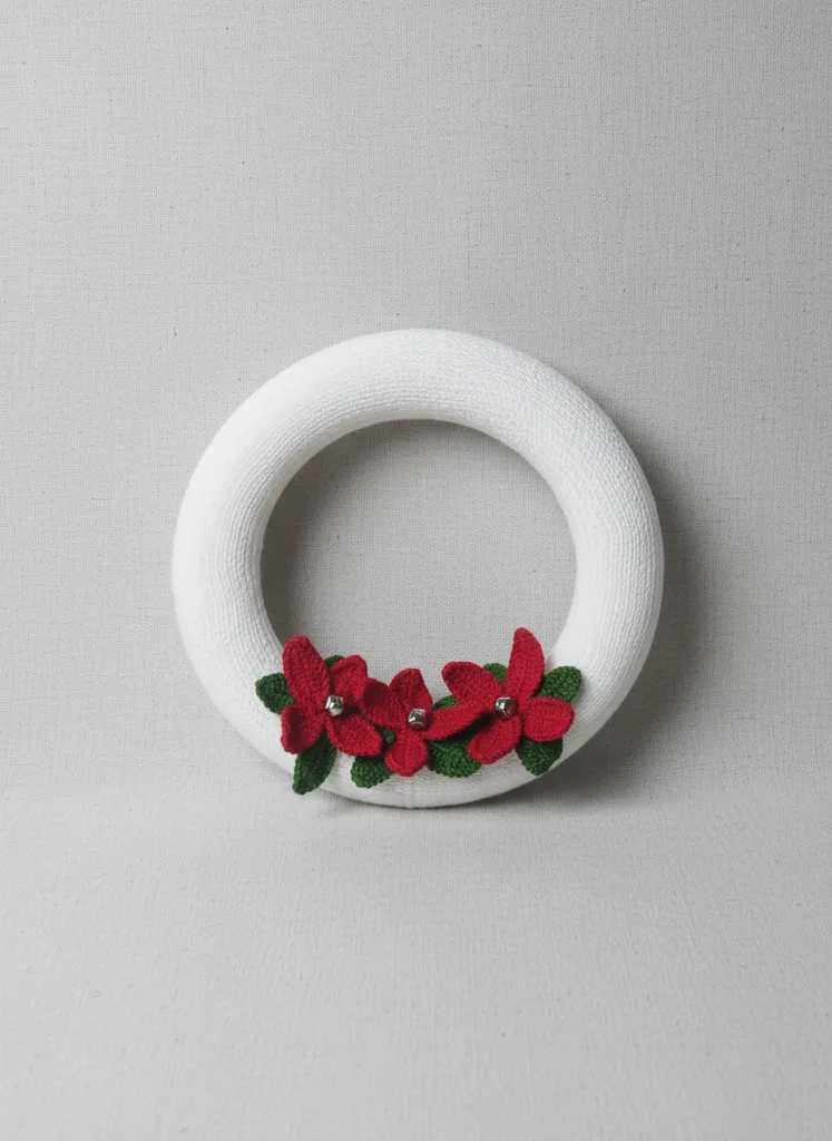 El Örgüsü Kırmızı Çiçekli Beyaz Kapı Duvar Süsü - Dekoratif Çelenk