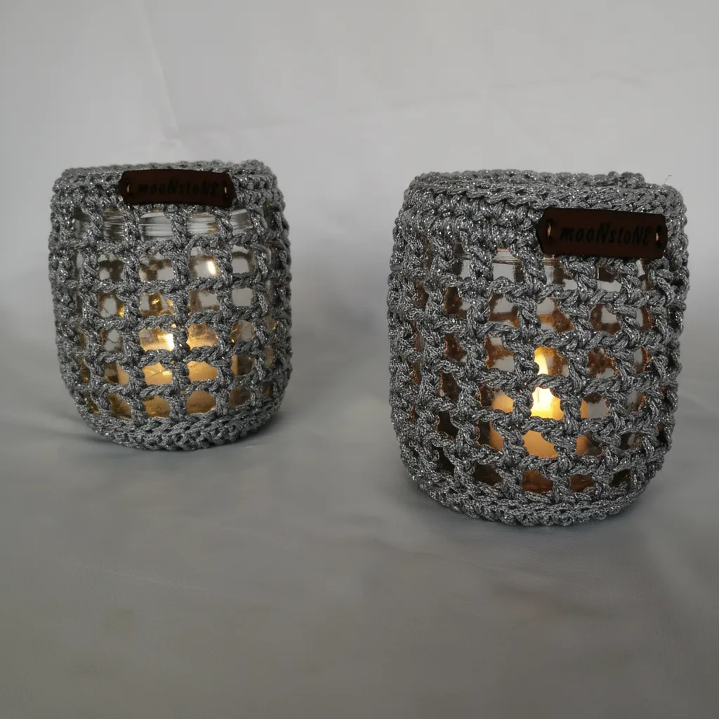 Gümüş Simli İp Kaplamalı El Örgüsü Dekoratif Mumluk (2'li Set)