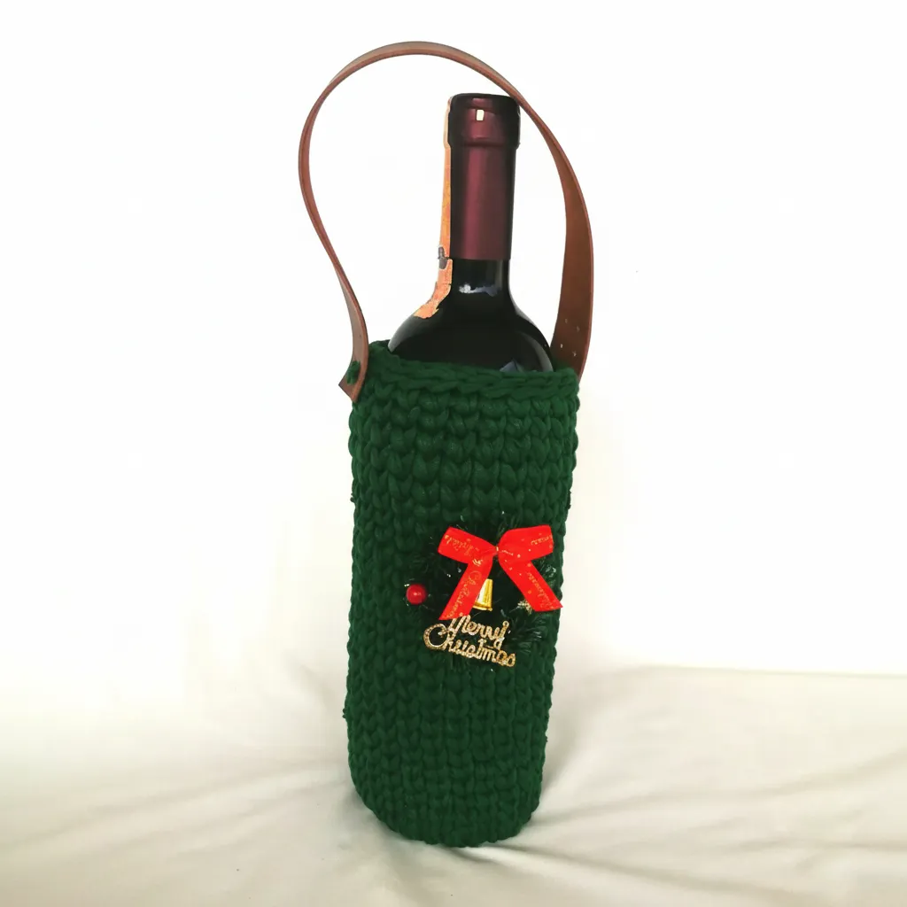 Leather Handled Green Special Design Bottle Holder - Merry Christmas