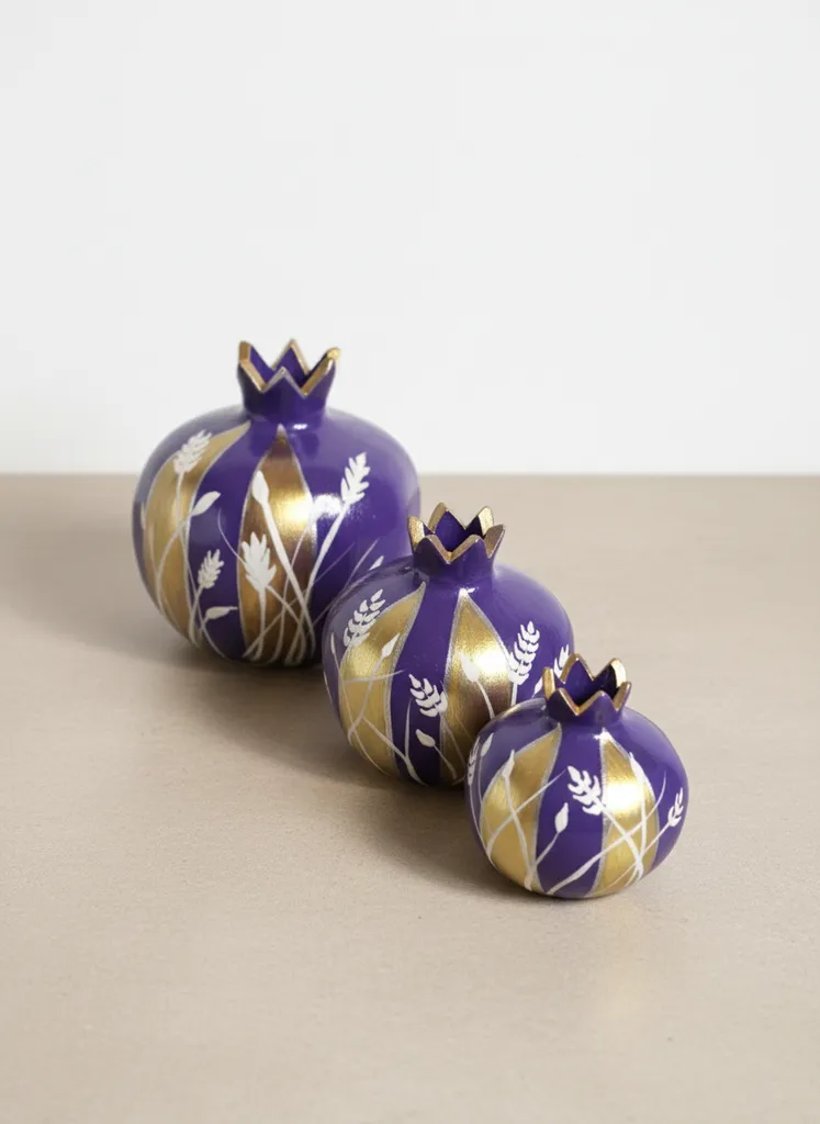 3’lü Seramik Mor Altın Nar Seti – Dekoratif Bereket Sembolü