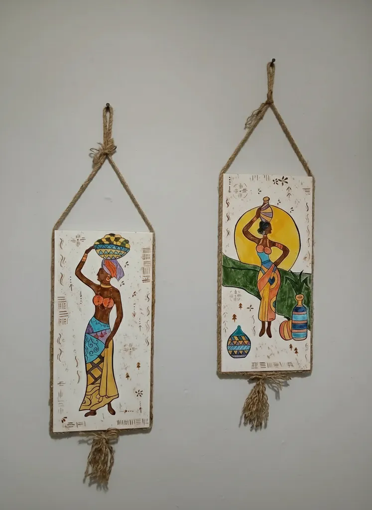 Afrikalı Kadın Figürlü Dekoratif Çini Duvar Panosu İkili Set