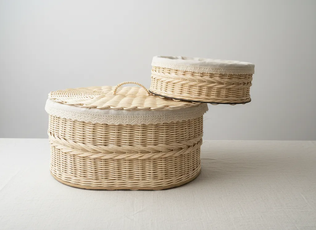 El Yapımı Rattan Ekmek Sepeti Seti Kapaklı ve Astarlı Doğal Görünümlü