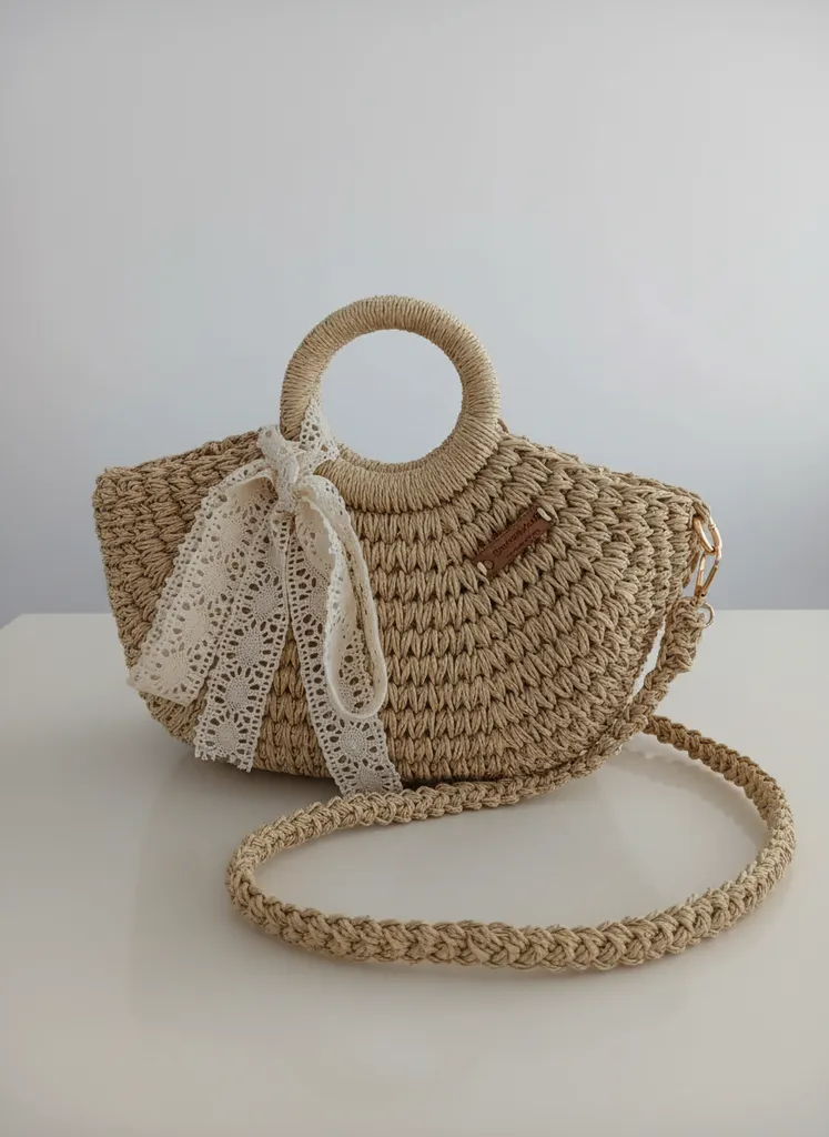 Kağıt İp Örgü Hasır Çanta - Dantel Detaylı ve Omuz Askılı