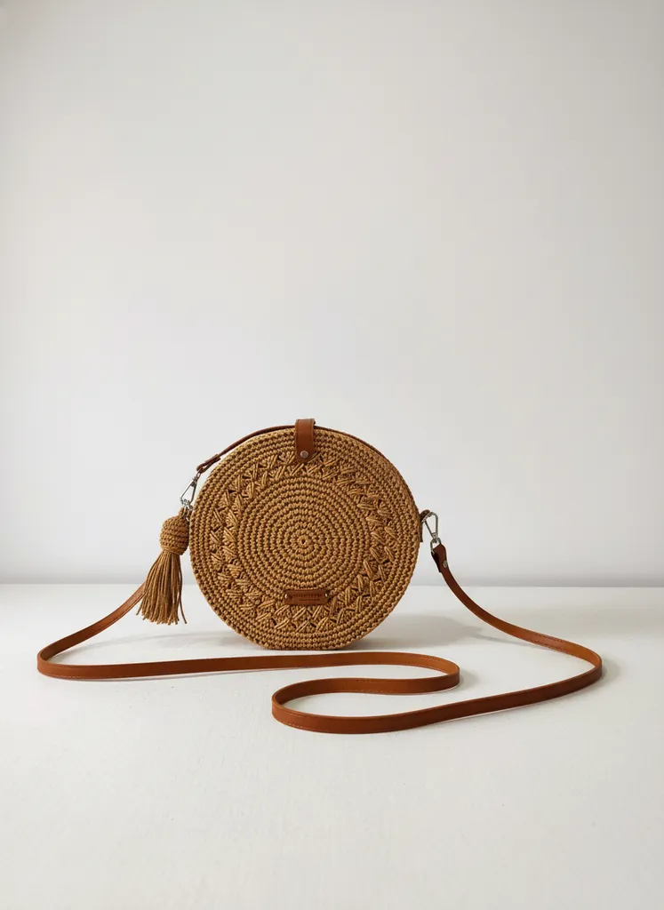 Hasır Görünümlü Kağıt İp Yuvarlak Omuz Çantası - El Yapımı