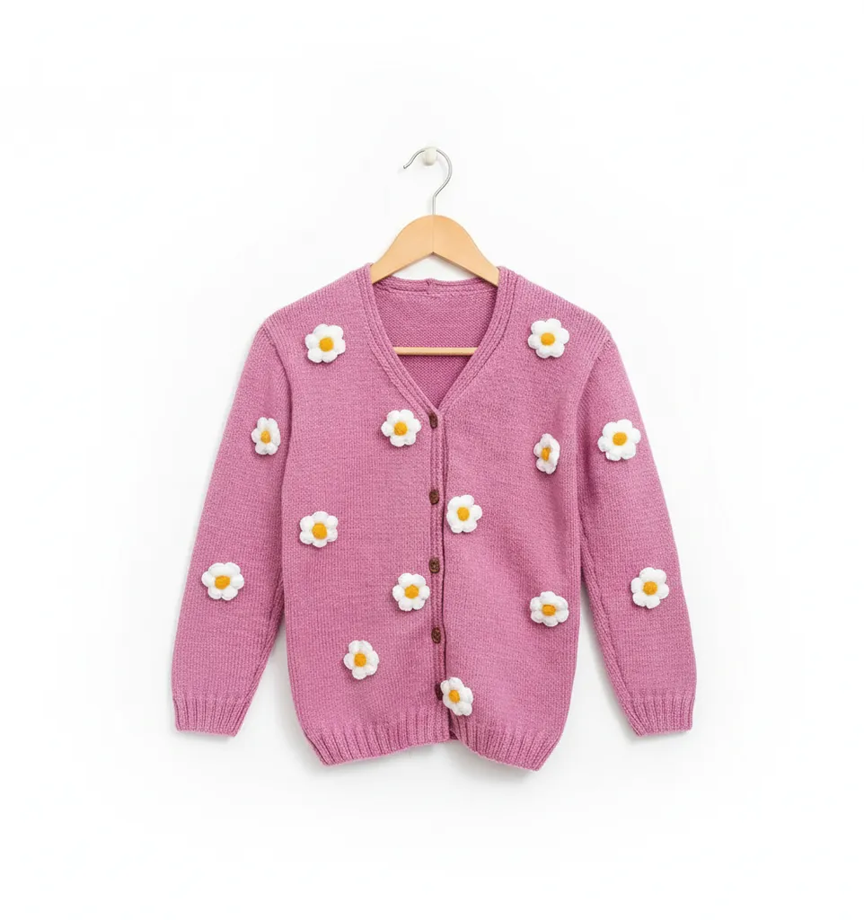 El Örmesi Pembe Papatya Desenli Triko Hırka - Düğmeli, V Yaka, Şık ve Sıcak