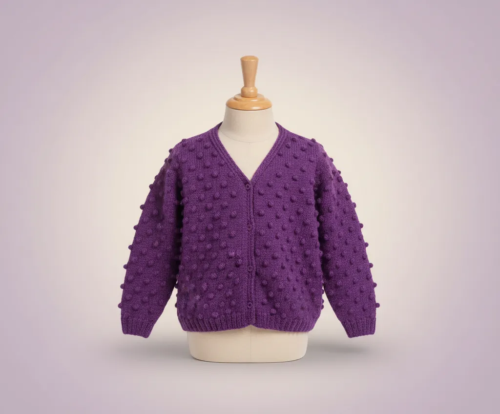 Mor Ponponlu Bebek Çocuk Hırka - El Örgüsü Düğmeli Tasarım