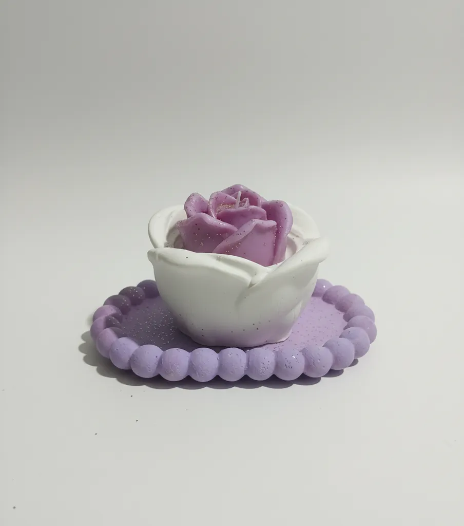 El Yapımı Taş Tozu Lila Gül ve Beyaz Lotus Dekoratif Kokulu Mum