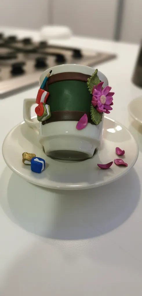 El Yapımı Polimer Kil Okul Temalı Mor Çiçekli Kahve Fincanı Hediyelik