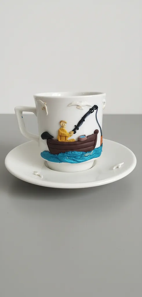 El Yapımı Balıkçı Tekne Temalı Kişiye Özel Polimer Kil Kahve Fincanı