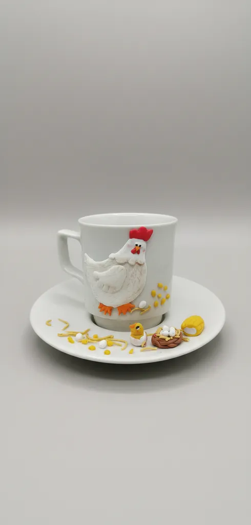 El Yapımı Beyaz Tavuklu Polimer Kil Kahve Fincanı ve Civciv Yumurta Detaylı