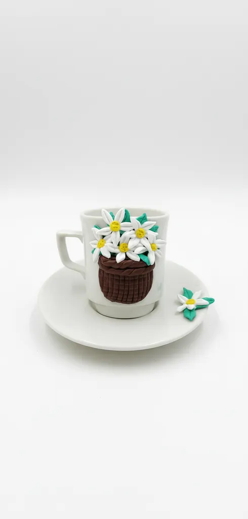 El Yapımı Polimer Kil Papatya Sepeti Temalı Kahve Fincanı