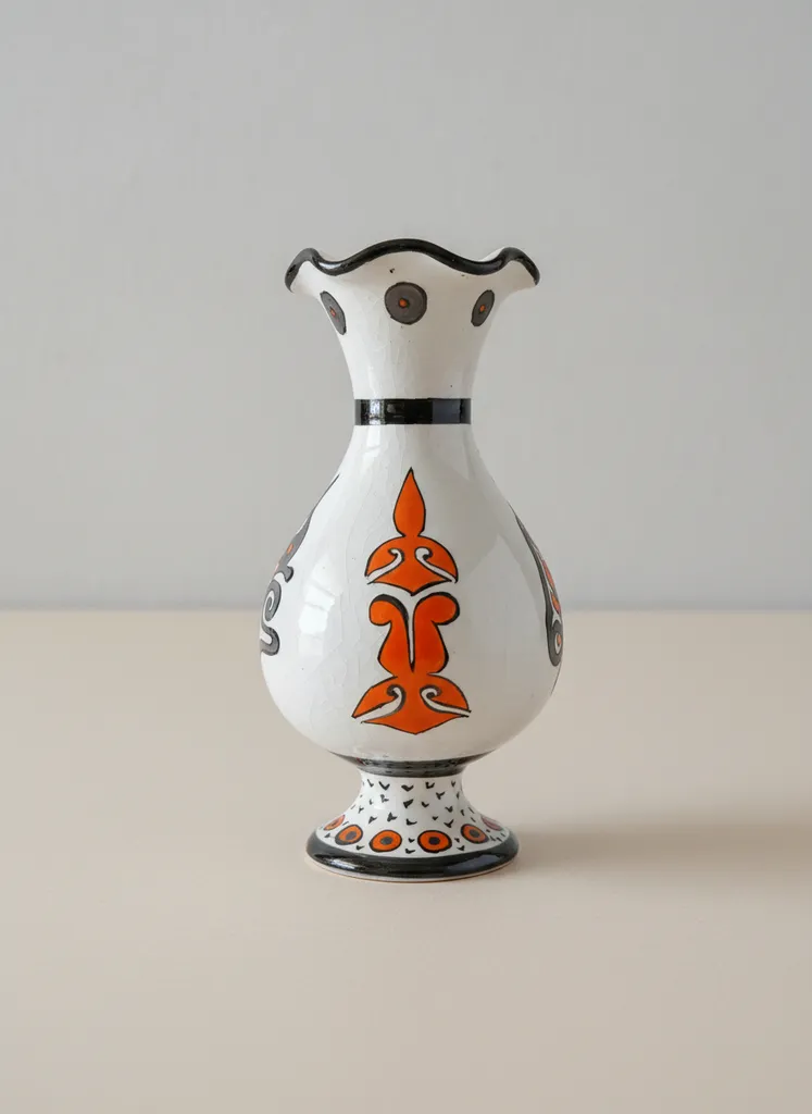 Beyaz Seramik Çini Vazo - Turuncu ve Siyah Desenli Dekoratif Vazo (16 cm)