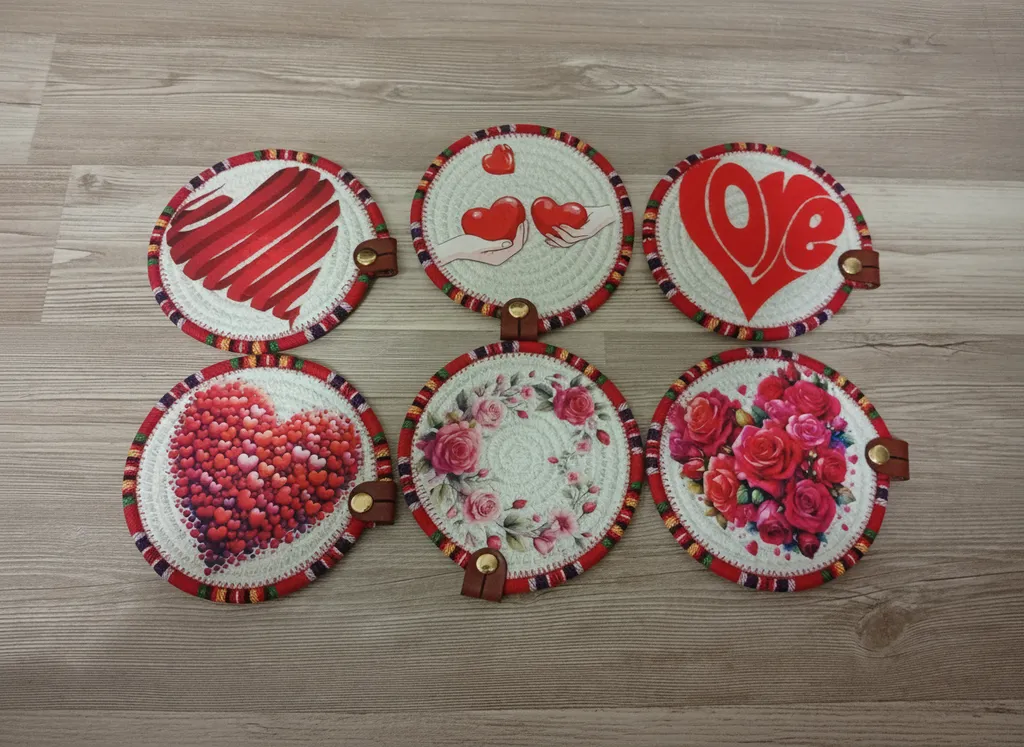 Romantik Desenli Yuvarlak Hasır Bardak Altlığı Seti | Kalp & Çiçek Temalı