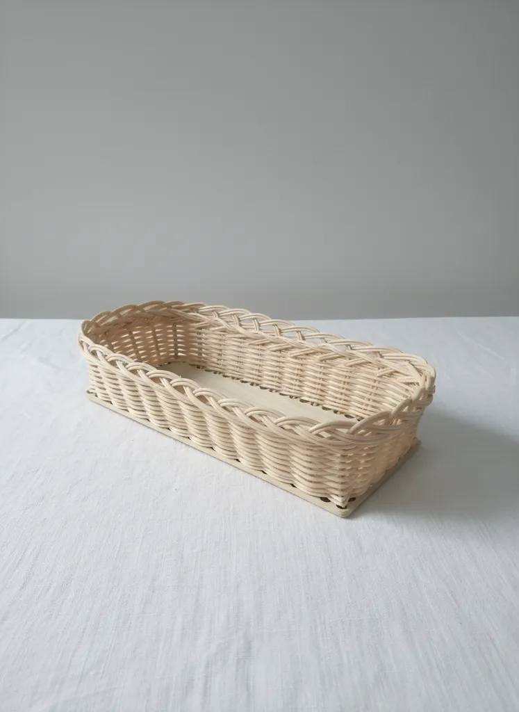 El Örgüsü Krem Bambu Dikdörtgen Saklama ve Servis Sepeti 30x20 cm