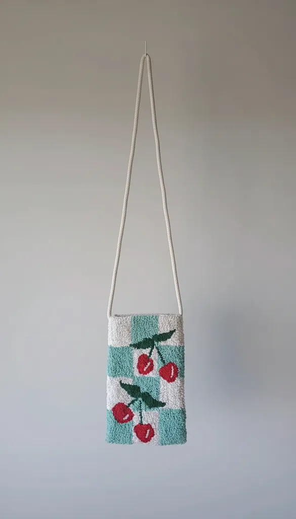 Punch Kiraz İşlemeli Peluş Telefon Çantası El emeği