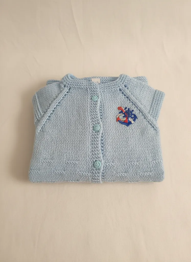 Mavi Bebek Yeleği El Örgüsü Denizci Desenli Düğmeli Hırka 0-12 Ay