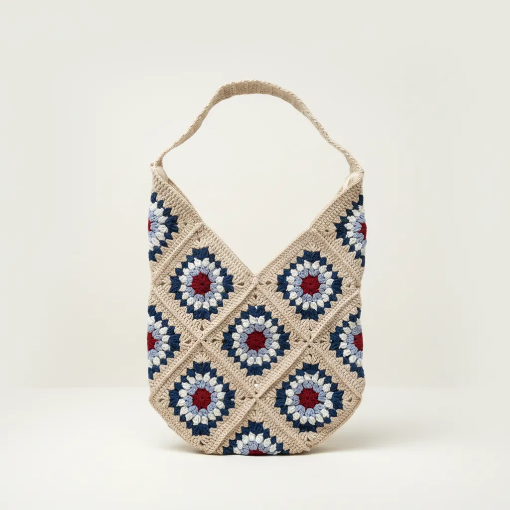 El Örgüsü Krem Renkli Nazar Boncuğu Motifli Astarlı Omuz Çantası