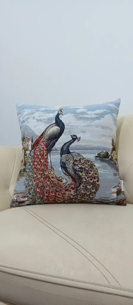 Lüks Tavus Kuşu Desenli Goblen Dokuma Dekoratif Kırlent Kılıfı 45x45 cm
