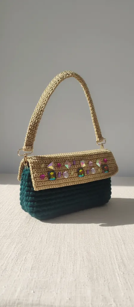 El Örgüsü Coton ve Simli İp Detaylı Taşlı Kadın Omuz Çantası