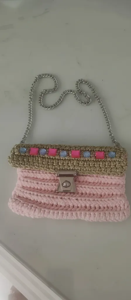 Pamuklu İp Ve Simli İpten Örülmüş Pembe Ve Mavi Taşlı Çanta
