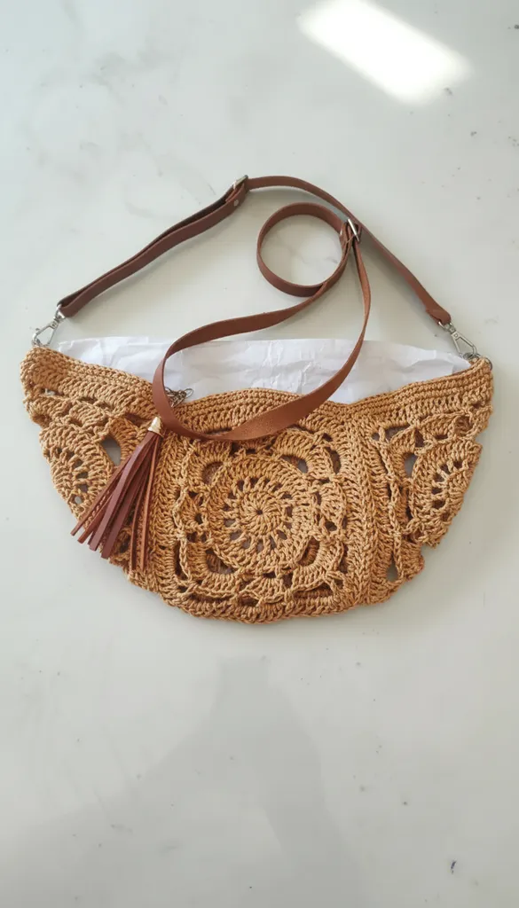 Handmade Knitted Straw Beach Bag - Leather Strapped and Tassel Shoulder Bag