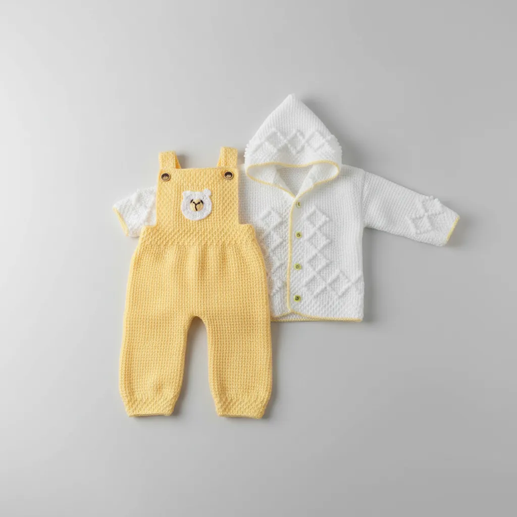 1-2 Yaş Bebek Sarı Örgü Ayıcık Temalı Tulum ve Beyaz Hırka Takımı