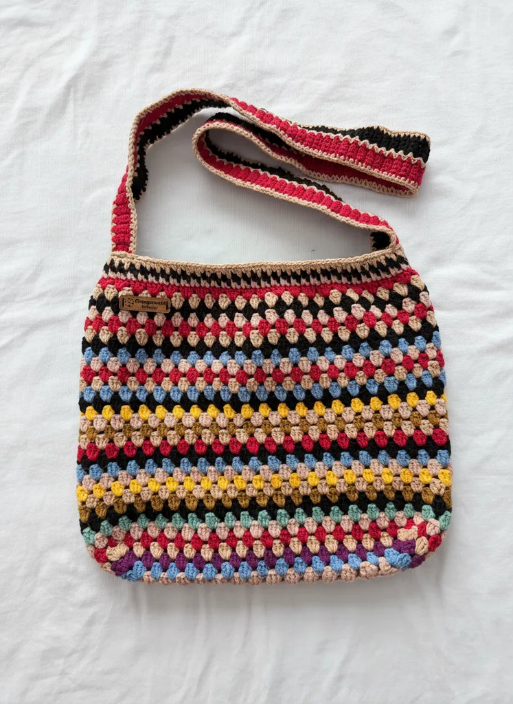 El Örgüsü Renkli Motifli Bohem Tarzı Omuz Çantası - Handmade Çanta