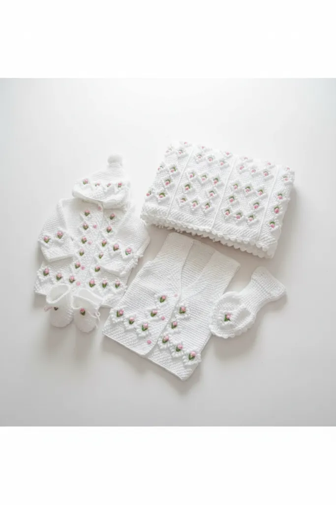 Beyaz Gül Desenli Örgü Bebek Takımı (5 Parça) - Kız/Erkek Bebek Yünlü Set