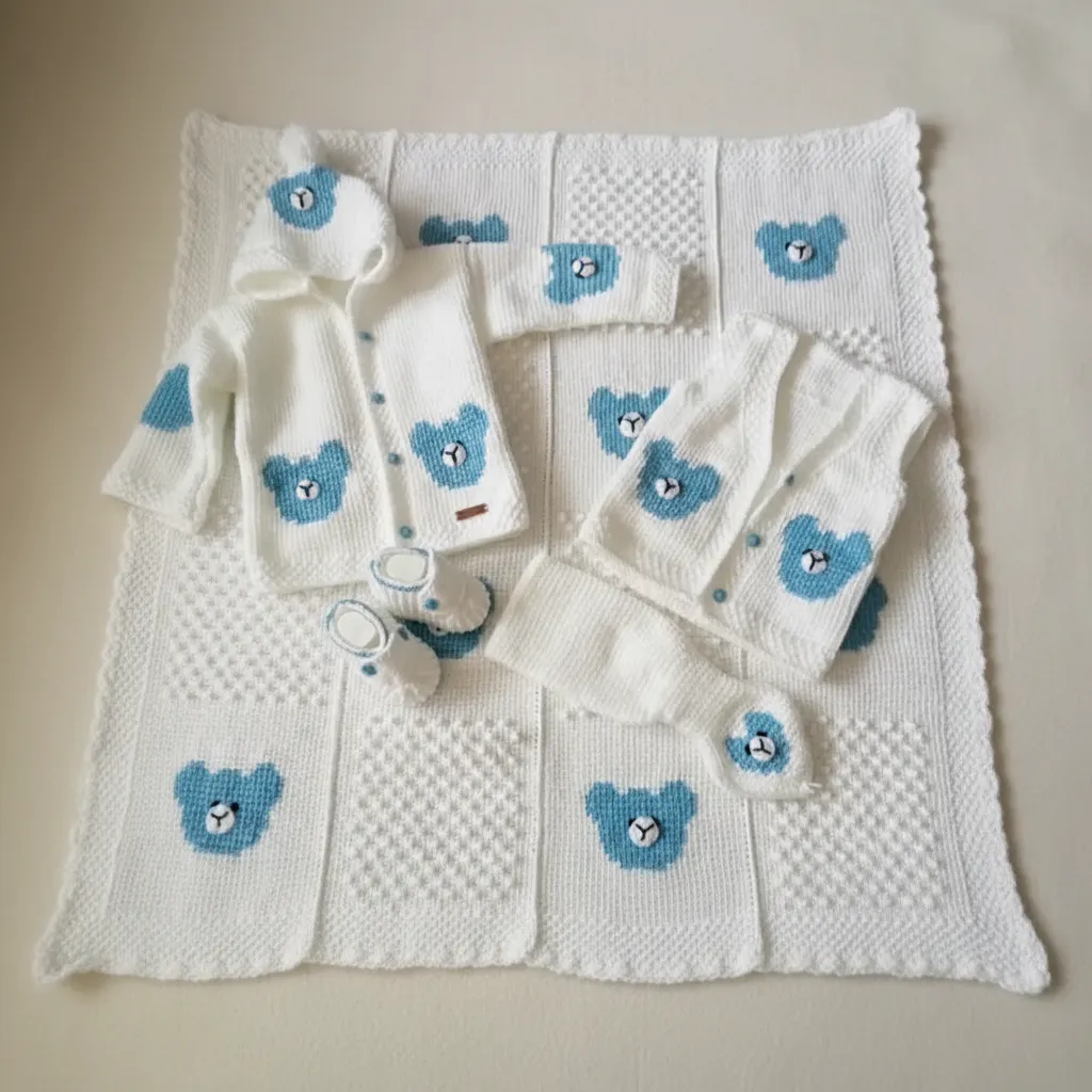 1-2 Yaş Bebekler İçin Beyaz Yünlü Ayı Desenli Bebek Takımı