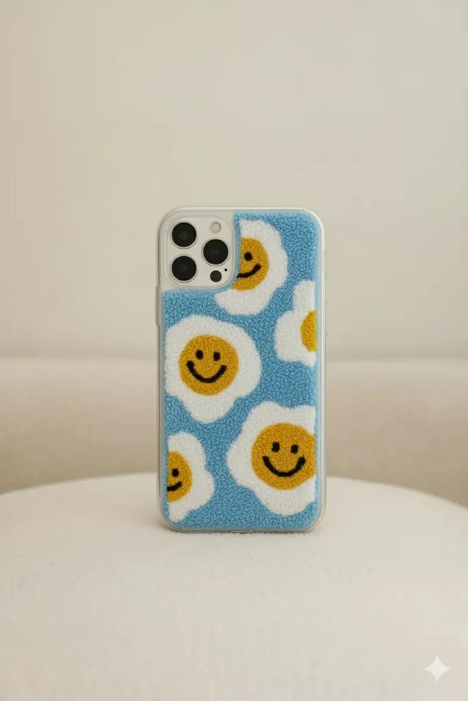 iPhone 14 Pro Max Uyumlu Mavi Zeminli Gülen Yumurta Desen Punch Telefon Kılıfı