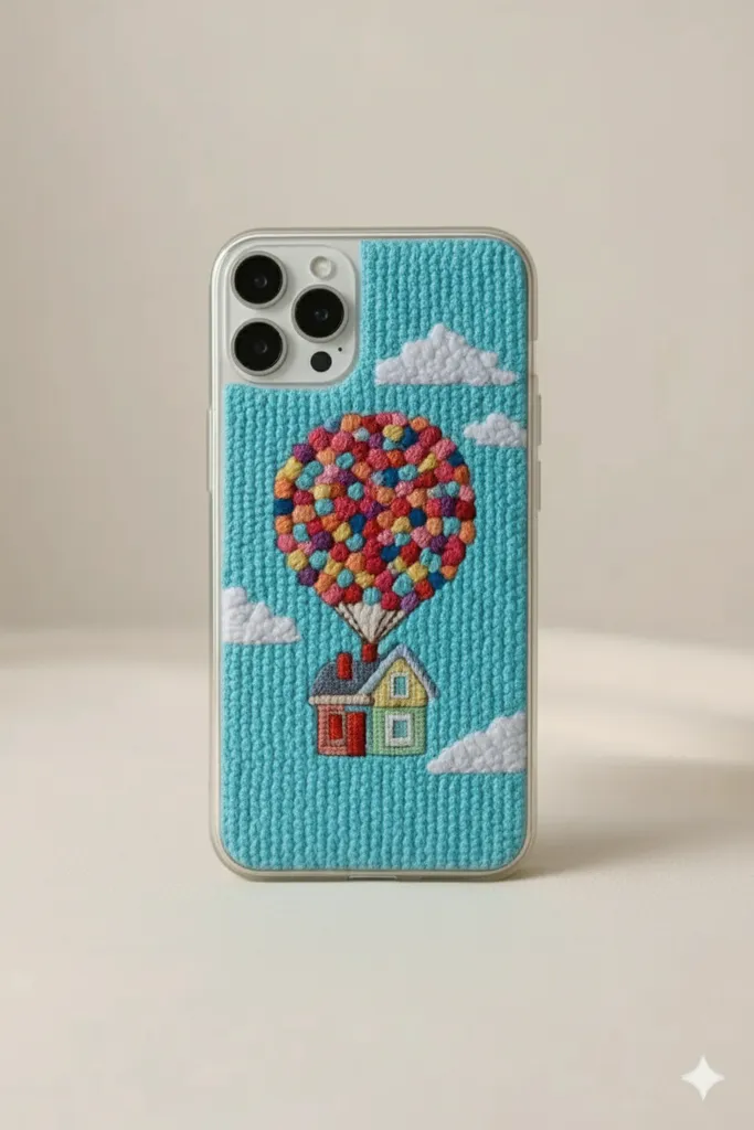 iPhone 12 Pro Max Uyumlu El Emeği Punch Nakışlı Ev ve Balon Desenli Kılıf