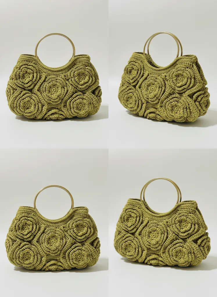 Hand Knitted Flower Motif Green Handbag - Stylish Design with Round Metal Handle