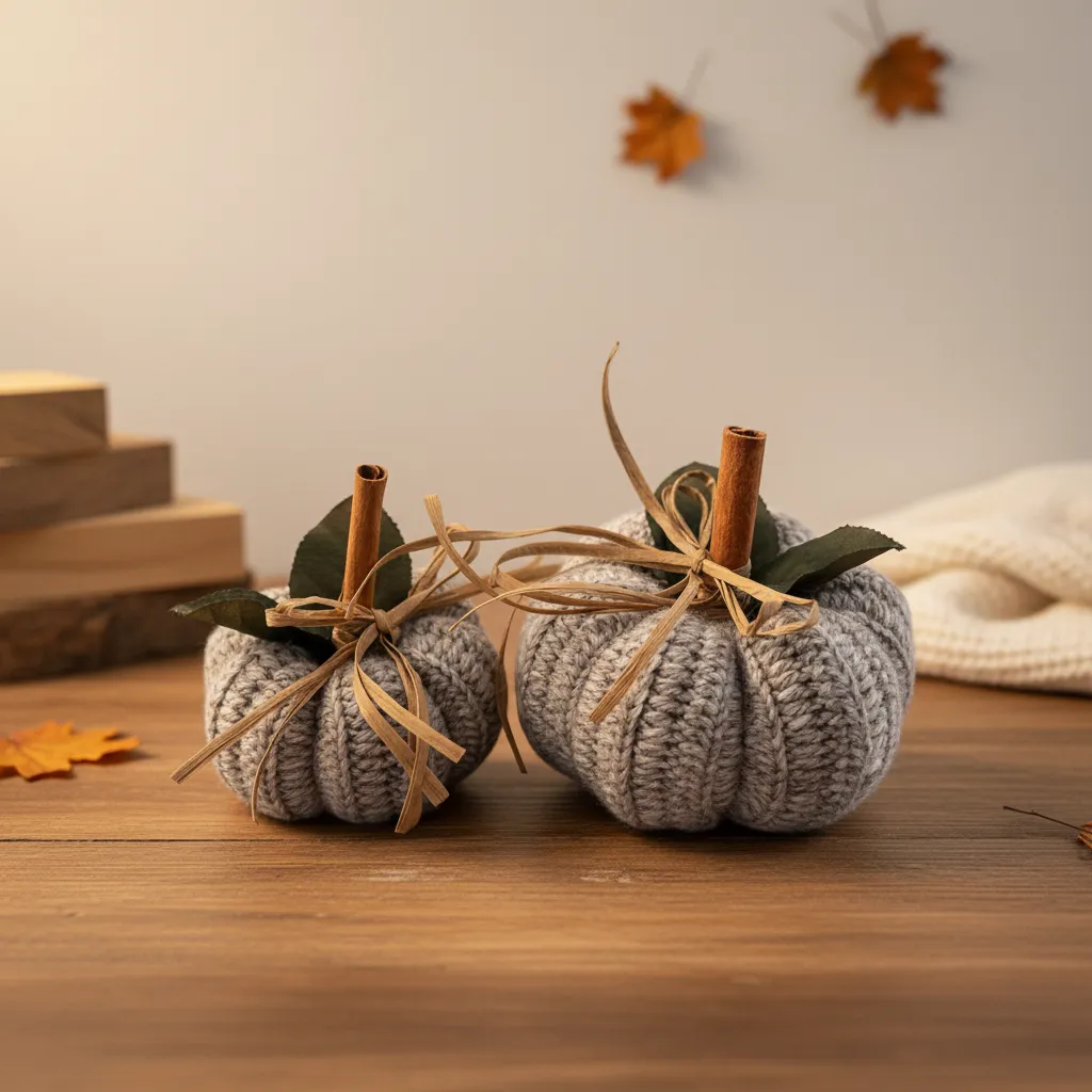 El Yapımı Gri Örgü Kabak Dekoratif Seti - Sonbahar Temalı Ev Dekorasyonu