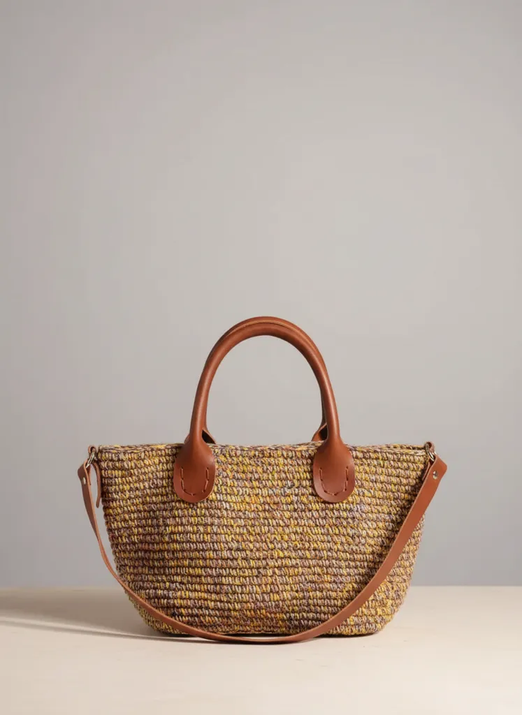 El Örmesi Kahverengi Deri Detaylı Ebruli İpli Pamuk Çanta Plaj Çantası