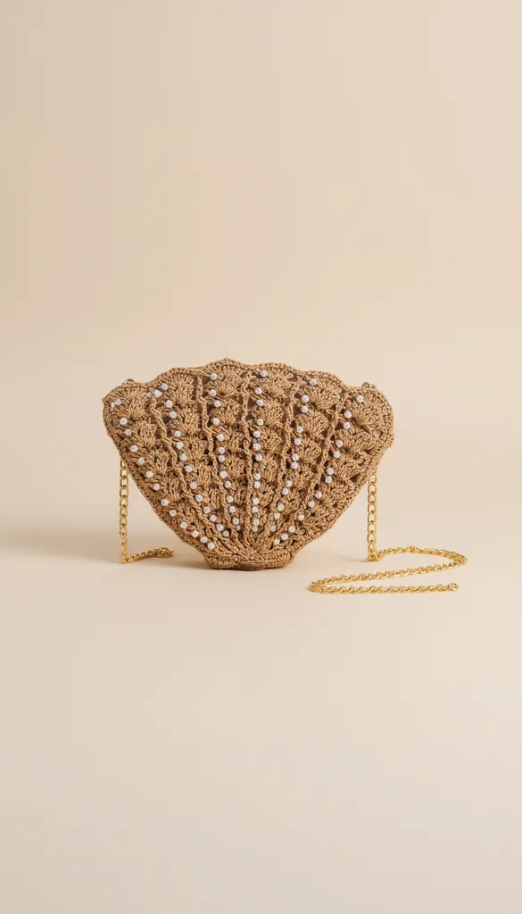 El Yapımı Deniz Kabuğu Desenli Hasır Çanta - İnci Detaylı ve Zincir Askılı