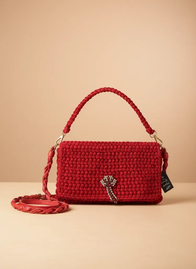 El Yapımı Kısa Tutamaçlı Bordo Kadife İpli Makrome Örgü Çanta