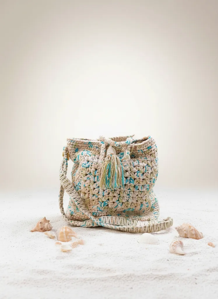 El Örgüsü Kağıt İpten Desenli Plaj Çantası - Omuz Askılı, Yazlık Stil