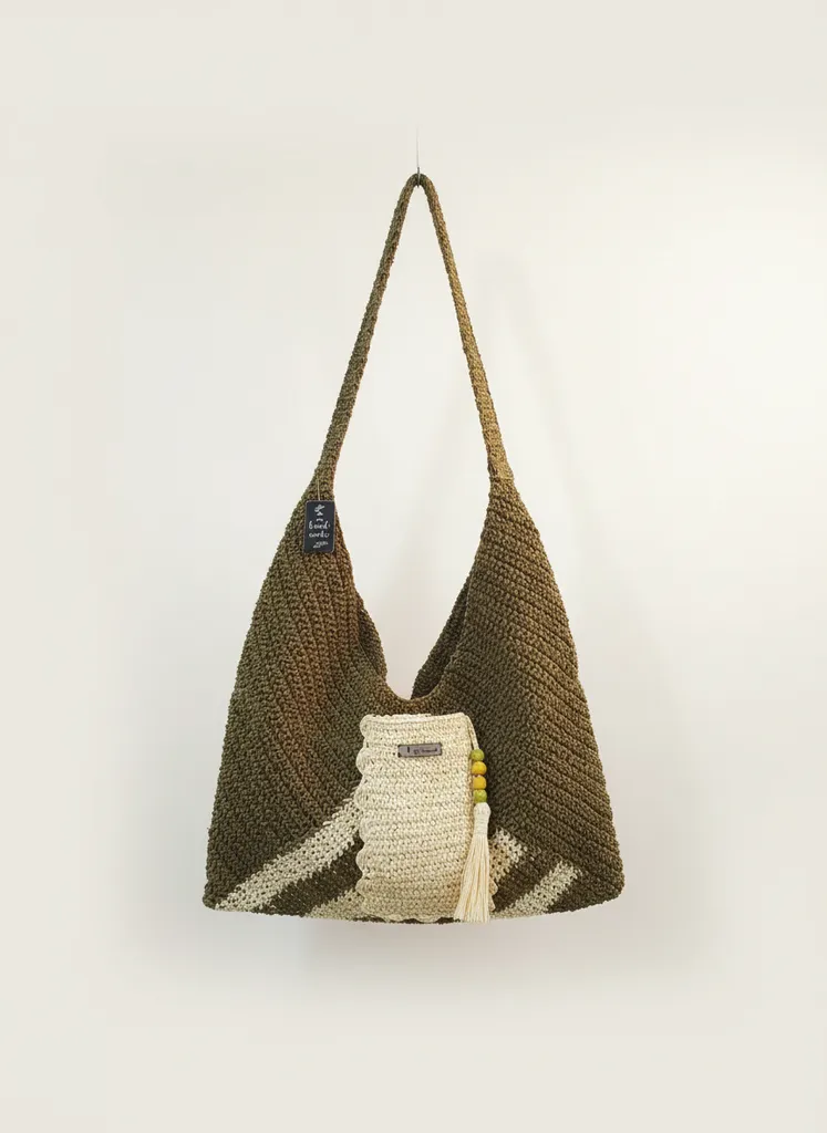 El Örgüsü Yeşil Koton İp Deri Saplı Omuz Çantası - Şık Tasarım