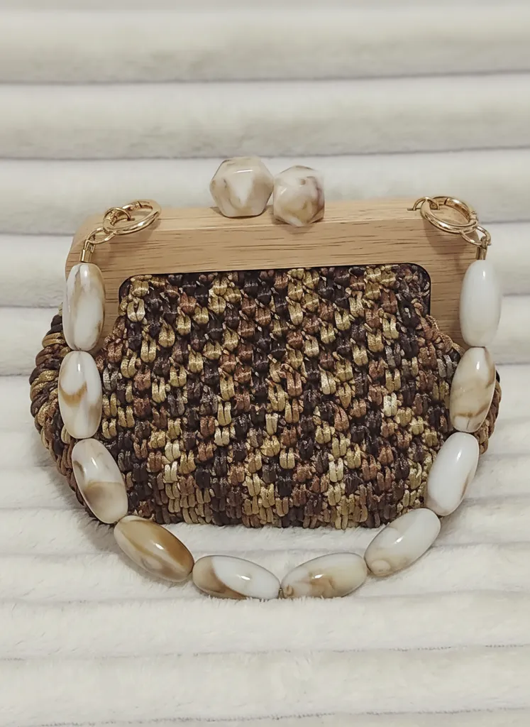 El Örmesi Sıçan Kuyruğu İp Detaylı Ahşap Burslu Çanta ve Boncuklu Askı