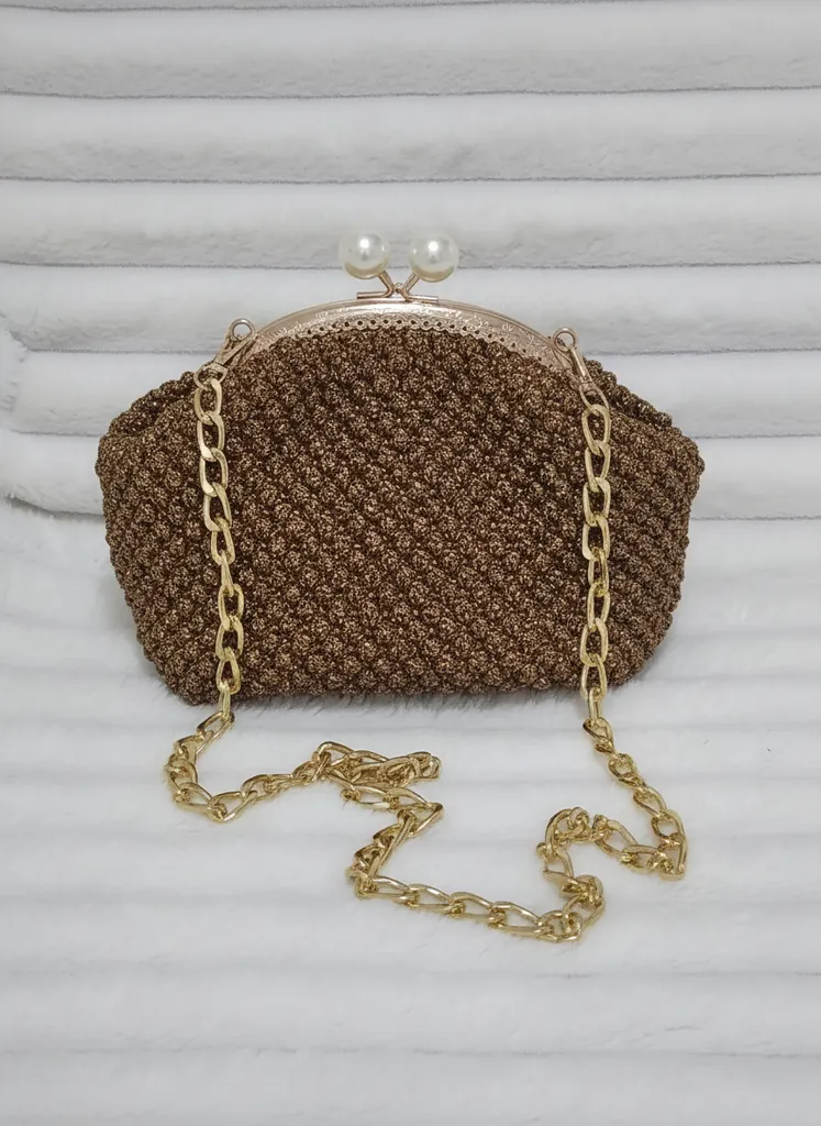 Hand Knitted Gold Glittery Yarn Evening Bag - Gold Chain and Pearl Detailed