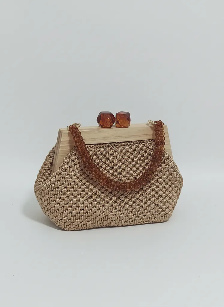 El Örgüsü Sıçan Kuyruğu İp Detaylı Ahşap Burslu Çanta - Şık Tasarım