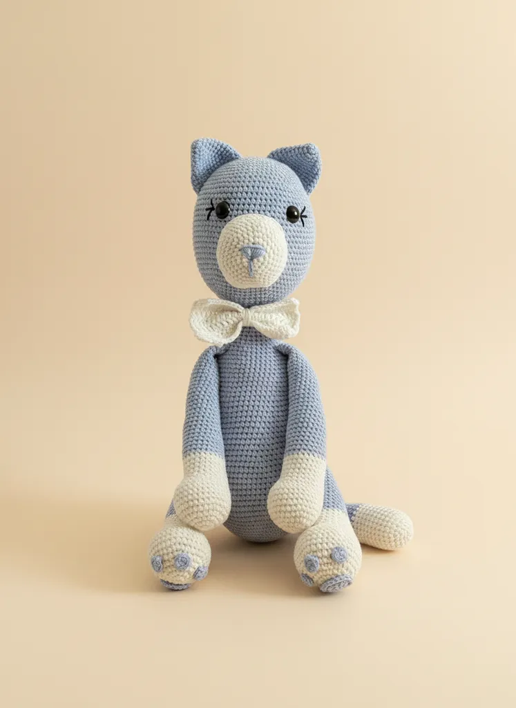 El Yapımı Mavi ve Beyaz Amigurumi Kedi Oyuncak Bebek Hediyelik