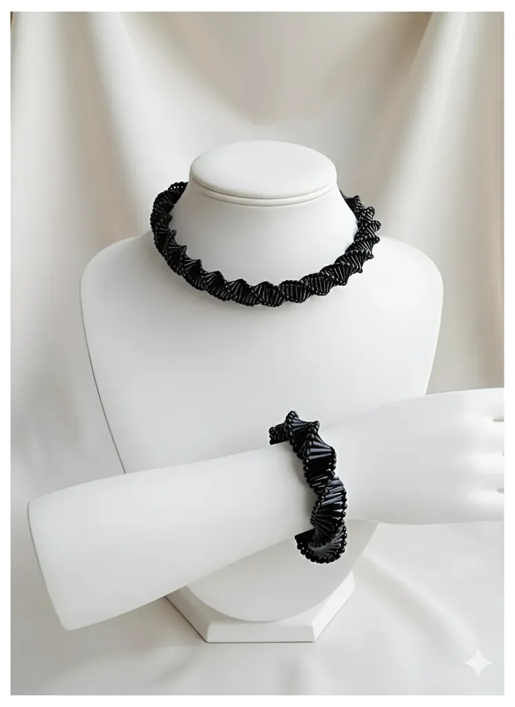 Siyah Burgu Tasarımlı Boncuklu Choker Kolye ve Bileklik Takı Seti