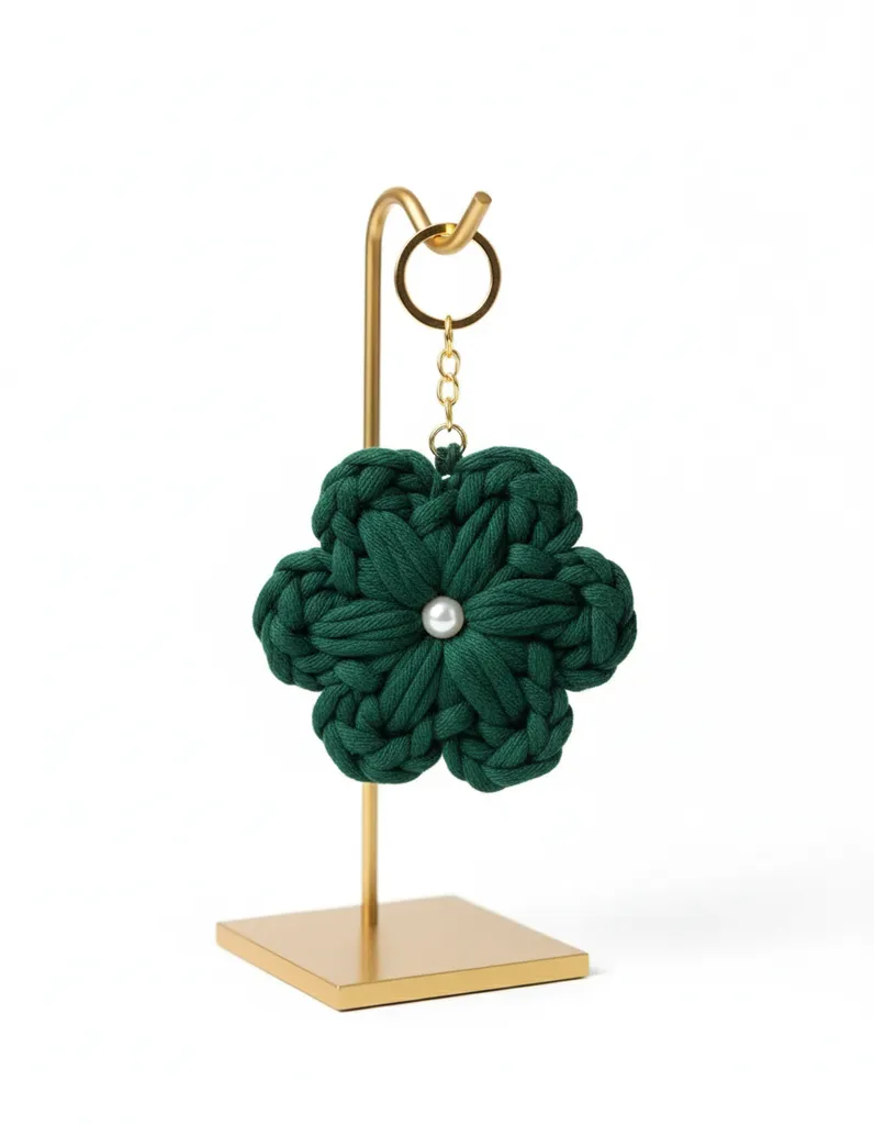 Yeşil Örgü Çiçek Detaylı Anahtarlık / Çanta Süsü