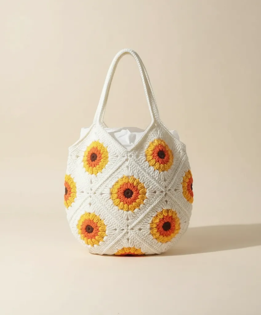 El Örmesi Ayçiçeği Motifli Omuz Çantası - Beyaz ve Sarı Renkli