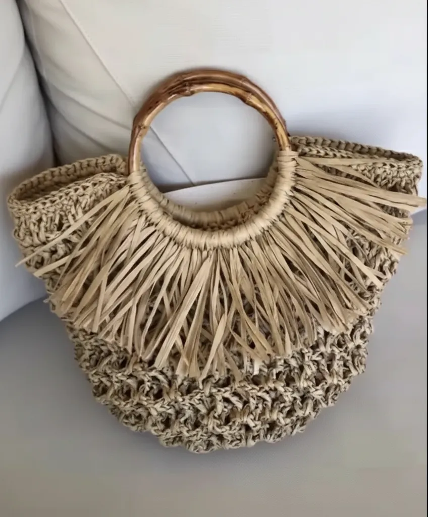 El Yapımı Hasır Kağıt İp Plaj Çantası - Bambu Saplı, Astarlı, Şık Tasarım