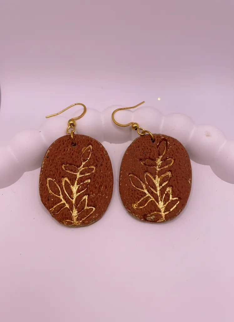 Brown Background with Gold Leaf Pattern Handmade Earring - Stylish and Elegant