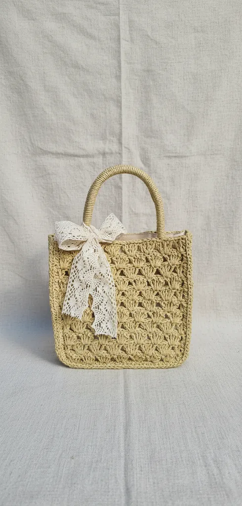 El Örgüsü Sarı Kağıt İp Plaj Çantası - Dantel Detaylı Astarlı Şık Tasarım