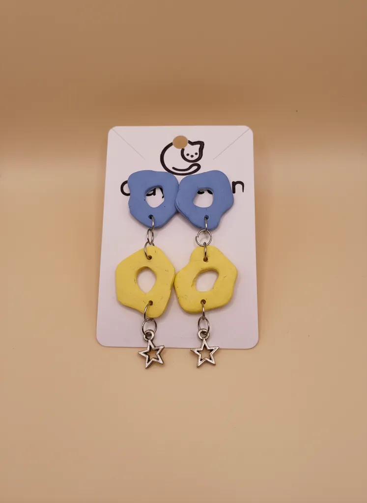Blue and Yellow Colored Star Detailed Handmade Polymer Clay Earring